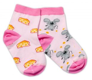 Obrázok Bavlnené veselé ponožky Myška a syr - svetlo ružová