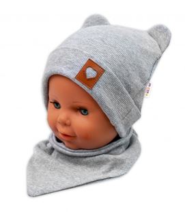 Obrázok Baby Nellys Rebrovaná dvojvrstvová čiapka s uškami + šatka TEDDY - šedý melír
