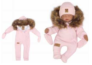 Obrázok Zimná kombinéza s kapucňou a kožušinou + rukavičky, ružová