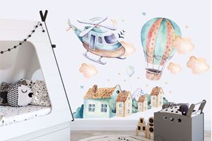 Obrázok Samolepka na stenu Vrtuľník, balón a mestečko