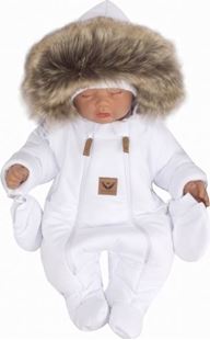 Obrázok Zimná kombinéza s dvojitým zipsom, kapucňou a kožušinou + rukavičky, Angel - biela