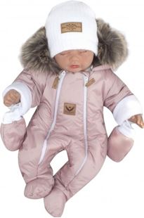 Obrázok Zimná kombinéza s dvojitým zipsom, kapucňou a kožušinou + rukavičky, Angel - púdrový