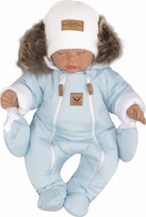 Obrázok Zimná kombinéza s dvojitým zipsom, kapucňou a kožušinou + rukavičky, Angel - modrý