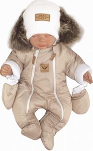 Obrázok Zimná kombinéza s dvojitým zipsom, kapucňou a kožušinou + rukavičky, Angel - béžový