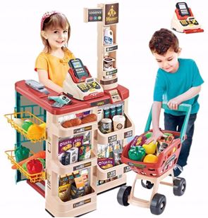 Obrázok Detský supermarket s vozíkom a pokladňou Červeno krémová