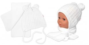 Obrázok Zimná čiapka na zaväzovanie s brmbolcami + šál, - biela