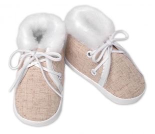 Obrázok Dojčenské capáčky/topánočky na šnurovanie s kožúškom, , béžové