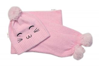 Obrázok z Zimná čiapka s brmbolcom + šál, Kitty, - ružová, vel. 54/58