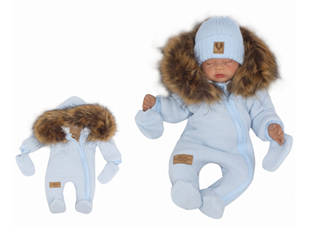 Obrázok Zimná kombinéza s kapucňou a kožušinou + rukavičky, modrá