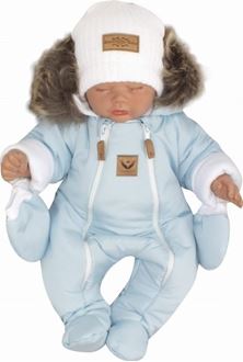 Obrázok z Zimná kombinéza s dvojitým zipsom, kapucňou a kožušinou + rukavičky, Angel - modrý
