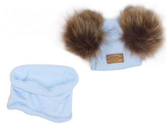 Obrázok z Zimná čiapka s brmbolcami z kožušinky + komínček, modrá