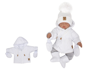 Obrázok Zimná prešívaná bundička s kapucňou + rukavičky - biela