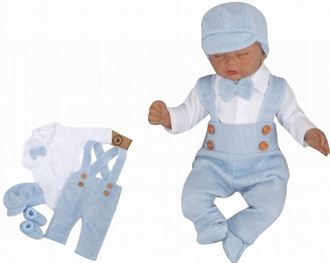 Obrázok z 5 - dielna pletená sada Boy, body, nohavice, čiapočka, motýlik, topánočky, modrá