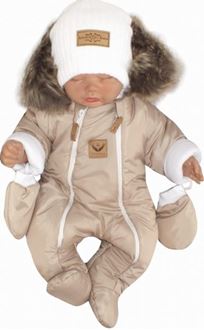 Obrázok z Zimná kombinéza s dvojitým zipsom, kapucňou a kožušinou + rukavičky, Angel - béžový