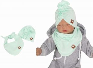 Obrázok Štýlová detská jarná/jesenná bavlnená čiapka, turban so šatkou, mätová