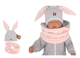 Obrázok Dojčenská bavlnená čiapočka Zajačik s nákrčníkom, šedá/ružová