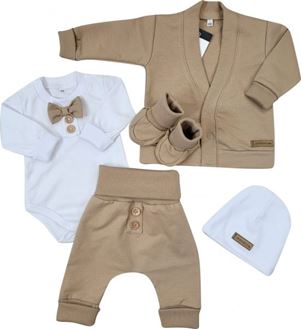 Obrázok z Bavlnená sada, body, nohavice, motýlik a čiapka Elegant Boy 5D, , mocca/biela