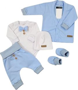 Obrázok Bavlnená sada, body, nohavice, motýlik a čiapka Elegant Boy 5D, , modrá/biela