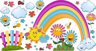 Obrázok Veselá dúha, slniečko, kvetinky samolepka na stenu