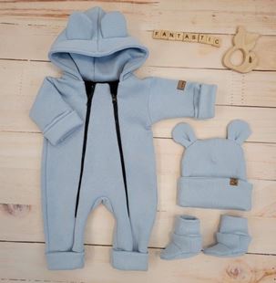 Obrázok Oteplený detský overal bez šľapiek s kapucňou, čiapočka + topánočky, 3D, , modrý