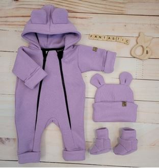 Obrázok z Oteplený detský overal bez šľapiek s kapucňou, čiapočka + topánočky, 3D, , lila
