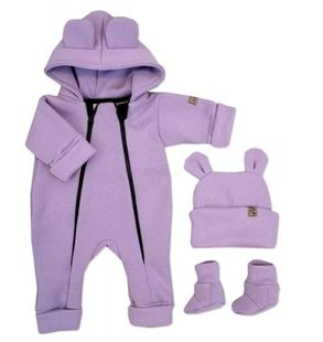 Obrázok Oteplený detský overal bez šľapiek s kapucňou, čiapočka + topánočky, 3D, , lila