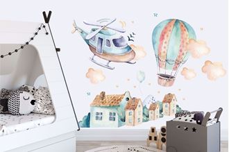 Obrázok z Samolepka na stenu Vrtuľník, balón a mestečko