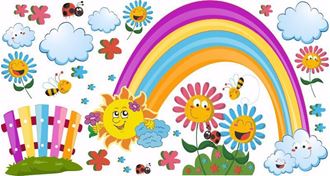 Obrázok z Veselá dúha, slniečko, kvetinky samolepka na stenu